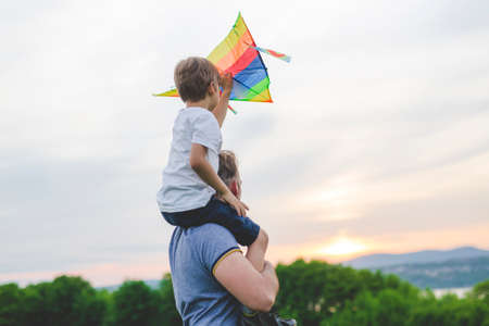 father and child on meadow with a kite in the summer