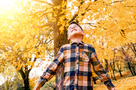 happy child playing outdoors in autumn parkの写真素材
