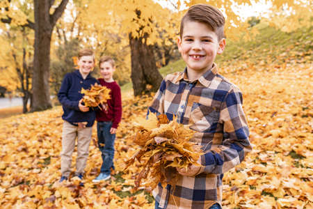 kids in autumn forest having great time together