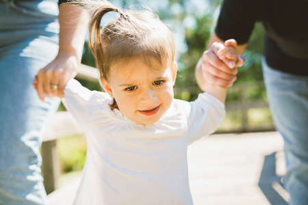 two years child girl in forest holding parents handの写真素材