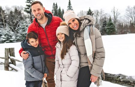 Portrait of a four Family On forest Winter seasonの写真素材