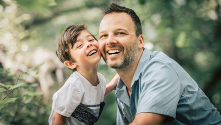 father with his little boy playing with him in nature.の写真素材