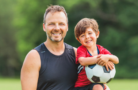 Young soccer player having fun on a field with his fatherの写真素材