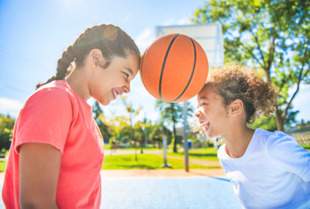 two girl child in sportswear playing basketball gameの写真素材