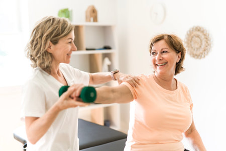 Physiotherapist working with elderly patient in clinicの写真素材