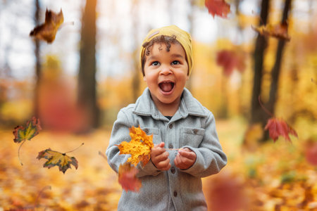 two year old little boy posing in autumn parkの写真素材