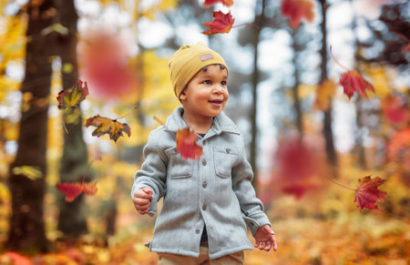 two year old little boy posing in autumn parkの写真素材