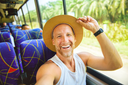 Great man riding in a traveler bus in costa Rica