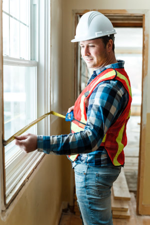 Inspector with white helmet inspecting an old house to be sure everything is well buildの写真素材