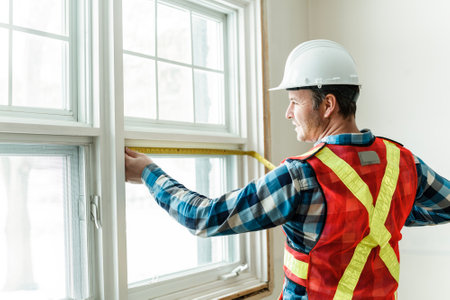 Inspector with white helmet inspecting an old house to be sure everything is well buildの写真素材