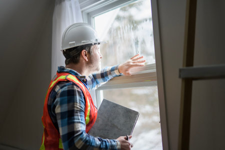 Inspector with white helmet inspecting an old house to be sure everything is well buildの写真素材