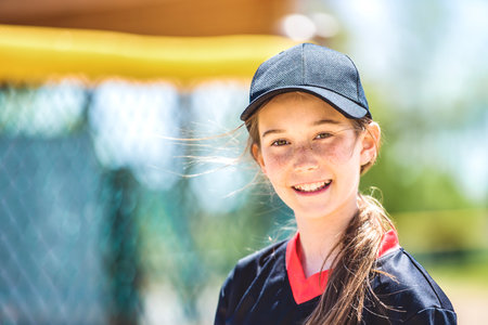 Young girl play baseball on summer day