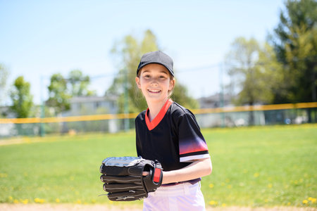 Young girl play baseball on summer day