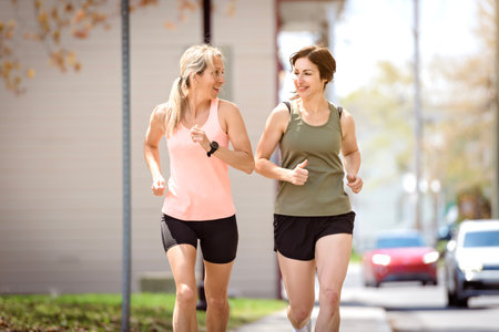 Two Females Runner Jogging Outdoor Workout togetherの写真素材