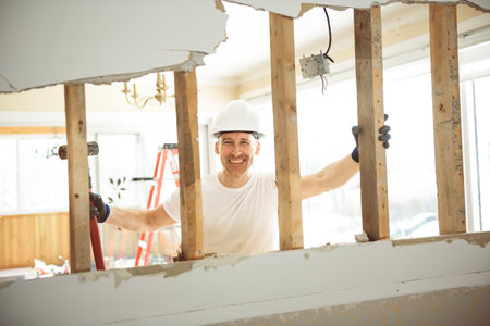 Construction Worker Building renovation an old houseの写真素材