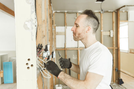 male electrician works working on a old houseの写真素材