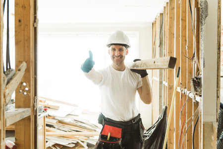 Construction Worker Building renovation an old houseの写真素材