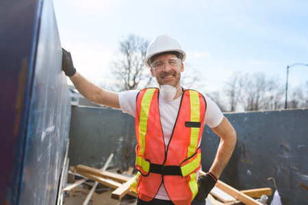 Construction Worker outside of house put old renovation material on big conteinerの写真素材