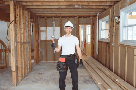 Construction Worker Building renovation an old houseの写真素材