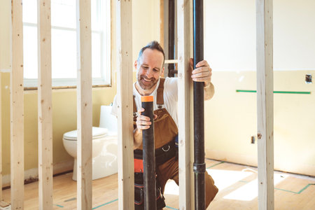 hands plumber at work in old house, plumbing repair service.の写真素材