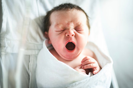 Adorable Caucasian Newborn Child Lying in Hospital Bedの写真素材