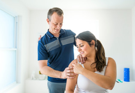 Modern rehabilitation physiotherapy man at work with woman client