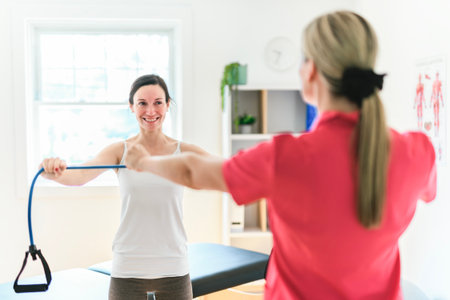 Modern rehabilitation physiotherapy clinic with professional and client