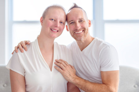 woman with Breast cancer in a bright room with her boyfriendの写真素材