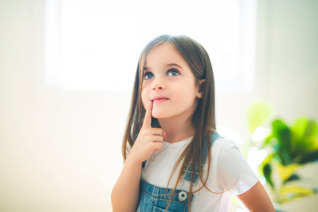 cute girl portrait at home look pensiveの写真素材