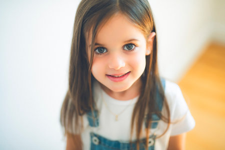 cute girl portrait at home the little child look et cameraの写真素材