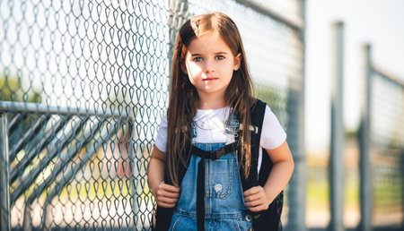student girl wearing school backpack outside of the schoolの写真素材