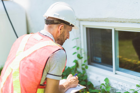 Man with a white hard hat holding a clipboard, inspect houseの写真素材