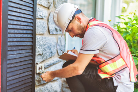 Man with a white hard hat holding a clipboard, inspect house