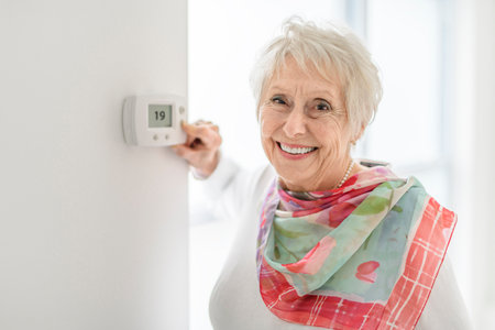 senior lady posing at home portrait close to a window using thermostatの写真素材