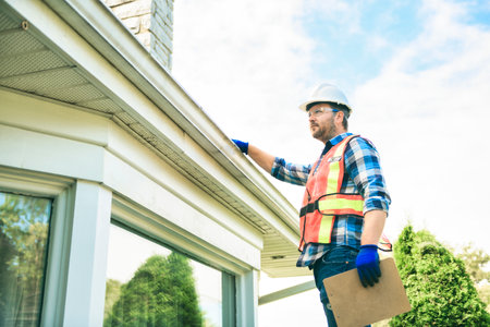 man with hard hat standing on steps inspecting house roofの写真素材