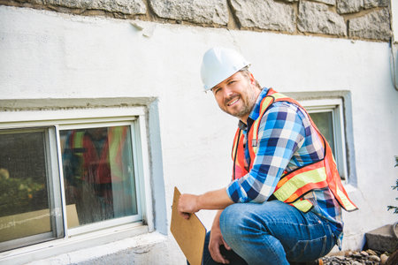 man with hard hat inspecting house windowの写真素材