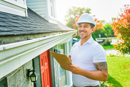 Man with a white hard hat holding a clipboard, inspect house roofの写真素材