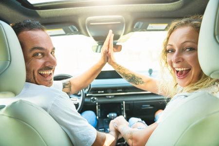 Happy couple enjoying tme on road tripの写真素材