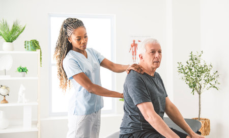 Black physiotherapist helping senior man with in clinic. Elderly man undergoing physiotherapy treatment for injuryの写真素材