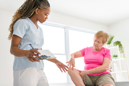 Black physiotherapist helping senior woman in clinic. Elderly woman undergoing physiotherapy treatment for injuryの写真素材