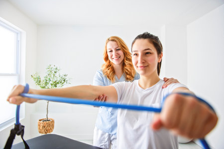 Modern rehabilitation physiotherapy at work with clientの写真素材