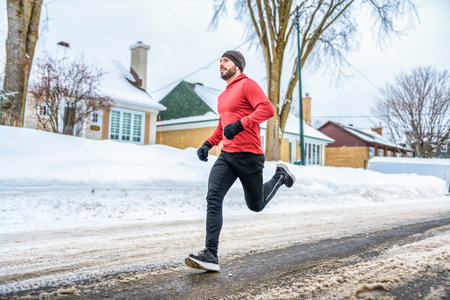 male runner jogging in cold winter forest wearing warm sporty running clothingの写真素材