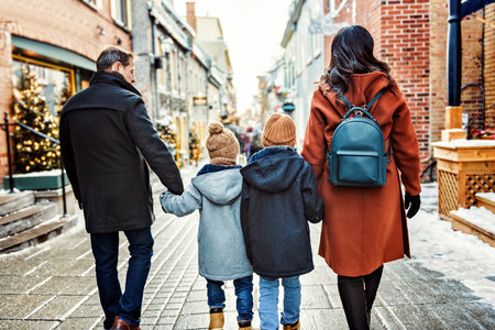 family with two little son having fun together outdoor on frosty dayの写真素材