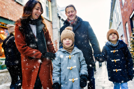 family with two little son having fun together outdoor on frosty dayの写真素材