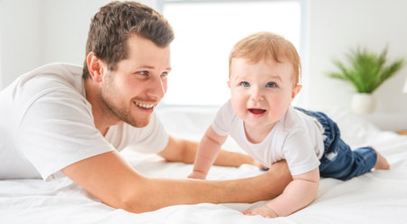bearded father holding baby boy on bed, fatherhood and love