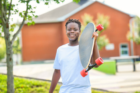 Boy with Longboard at Park having funの写真素材