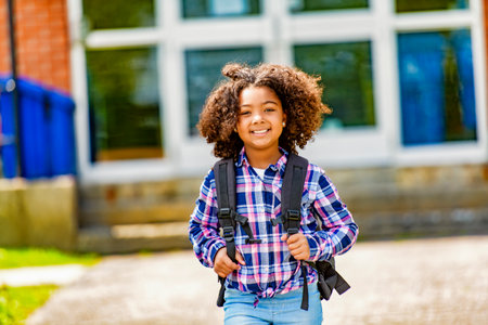 child going back to school with a backpackの写真素材