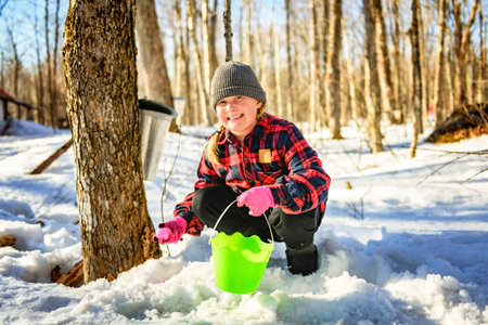 Cute child playing egg hunt on Easter forest close to a maple shackの写真素材