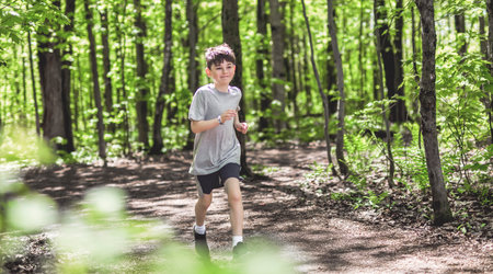 Fit child boy jogging in green park on a sunny summer evening.