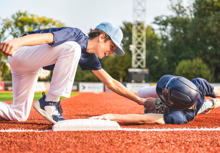 Young teen boy play baseball on a playgroundの写真素材